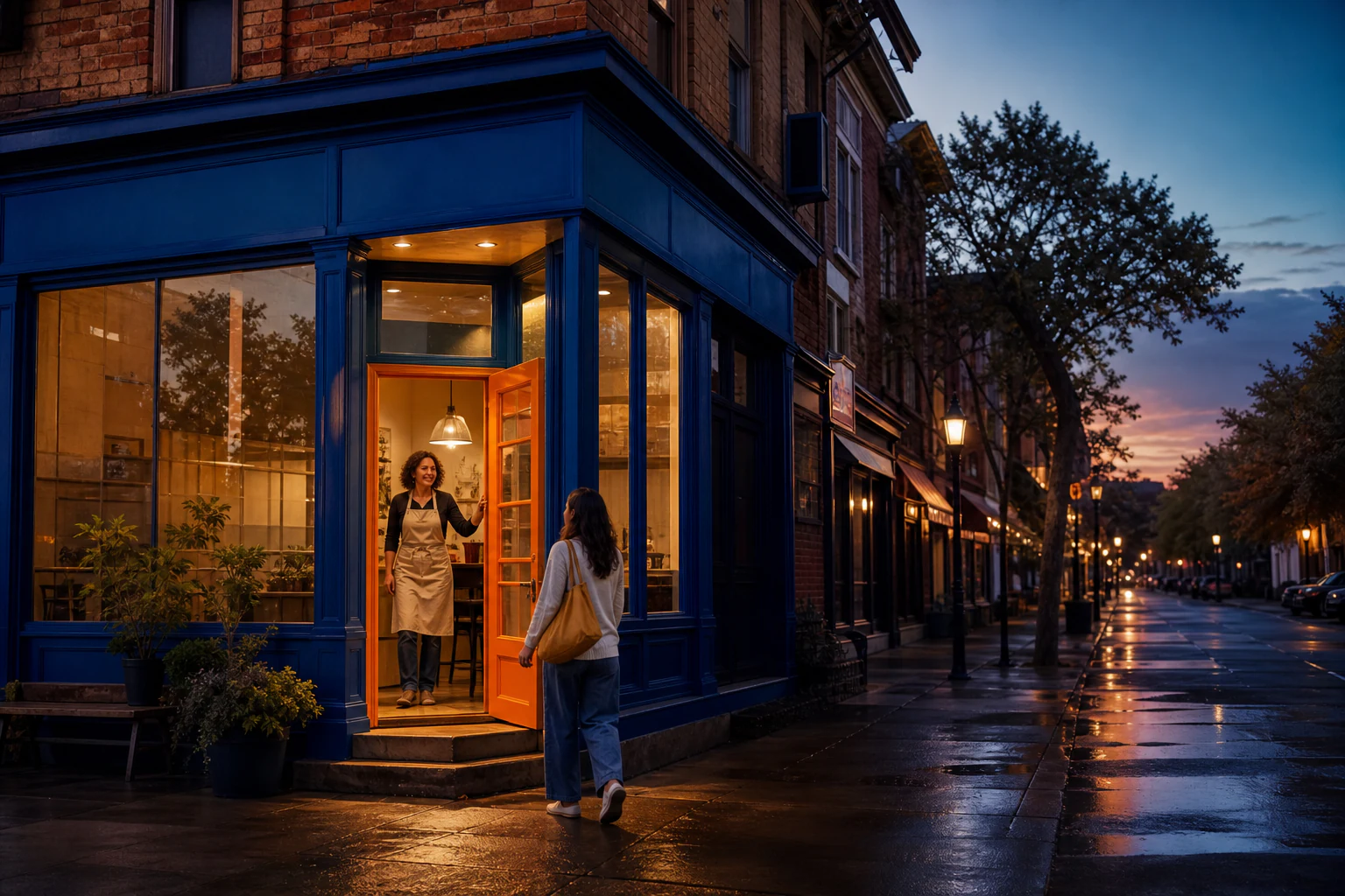 Campaign scene of a cobalt neighborhood storefront opening at dusk